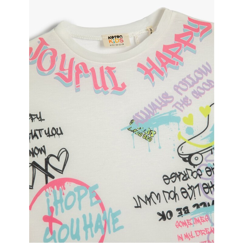 Koton T-Shirt with Short Sleeves, Crew Neck Graffiti Print