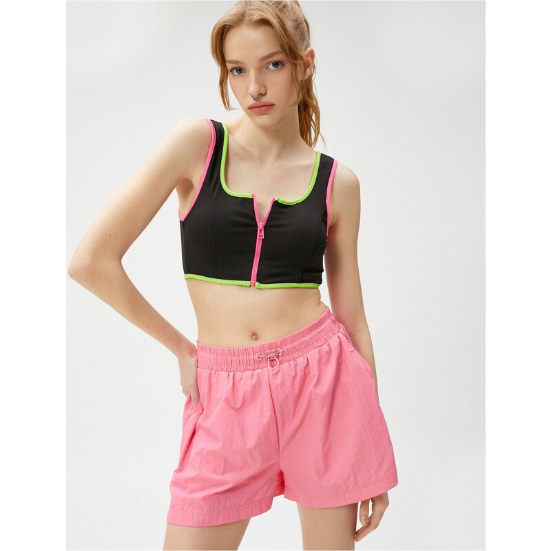 Koton Zippered Sports Bra. Padded, Non-wired Piping Detailed.