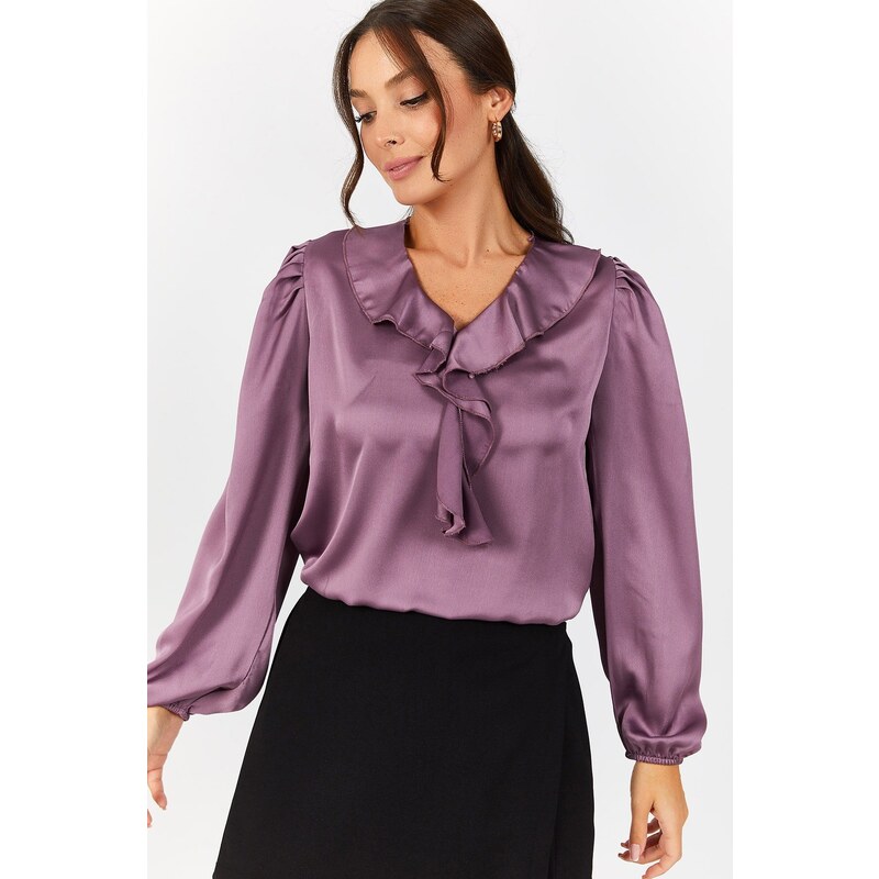 armonika Women's Purple Satin Blouse with Frilled Collar on the Shoulders and Elasticated Sleeves