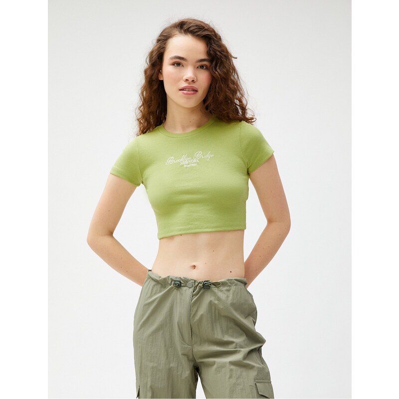 Koton Crop T-Shirt Embroidered Crew Neck Short Sleeves Rib