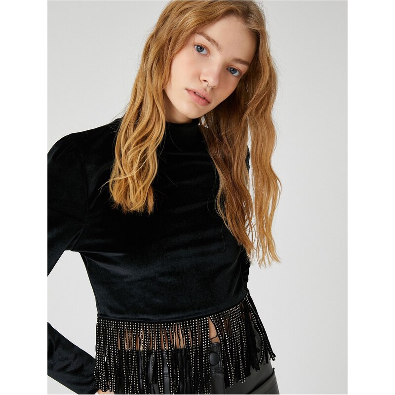 Koton Long Sleeve T-Shirt Velvet Crop with Shimmering Tassel Detail.