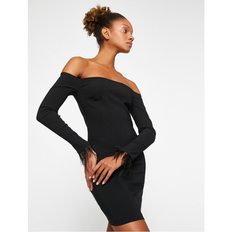 Koton Mini Pencil Dress Open Shoulder Sleeves Feather Detailed