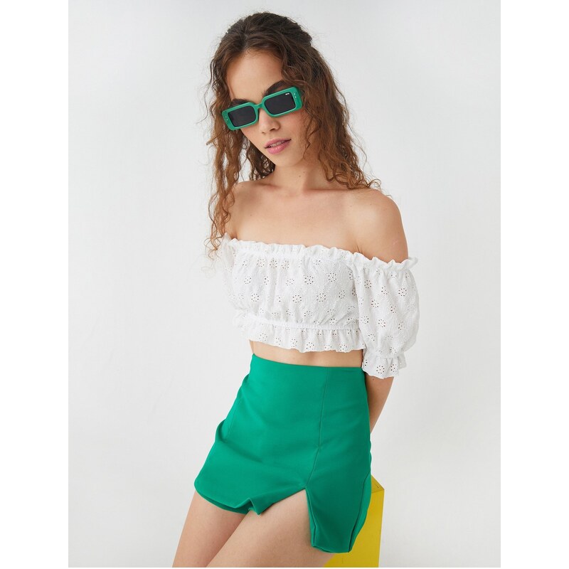 Koton Crop T-Shirt Open Shoulder Scalloped