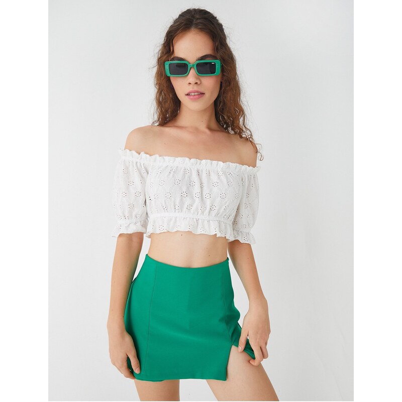 Koton Crop T-Shirt Open Shoulder Scalloped