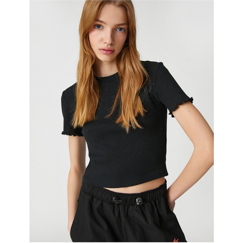 Koton Crop T-Shirt Short Sleeves Crew Neck Textured