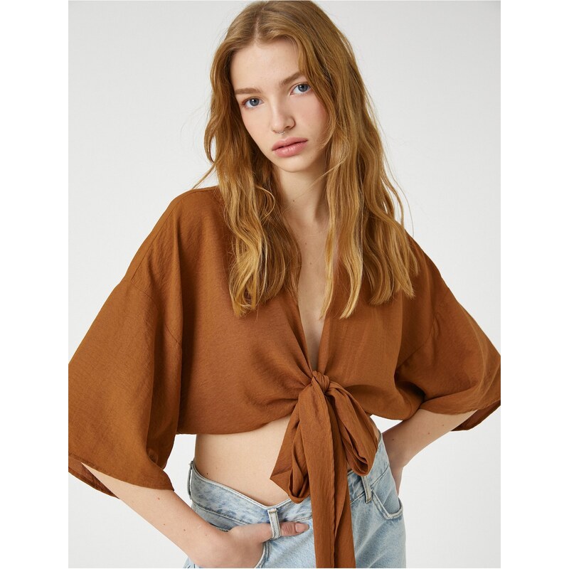 Koton Crop Kimono with Wide Sleeves with Tie Front Detail