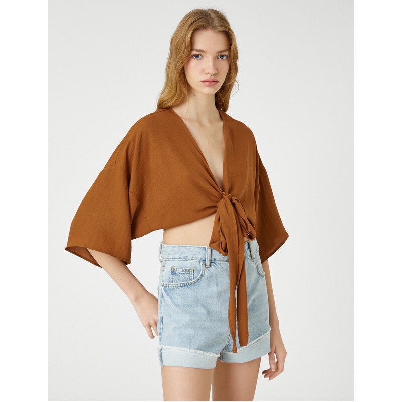 Koton Crop Kimono with Wide Sleeves with Tie Front Detail