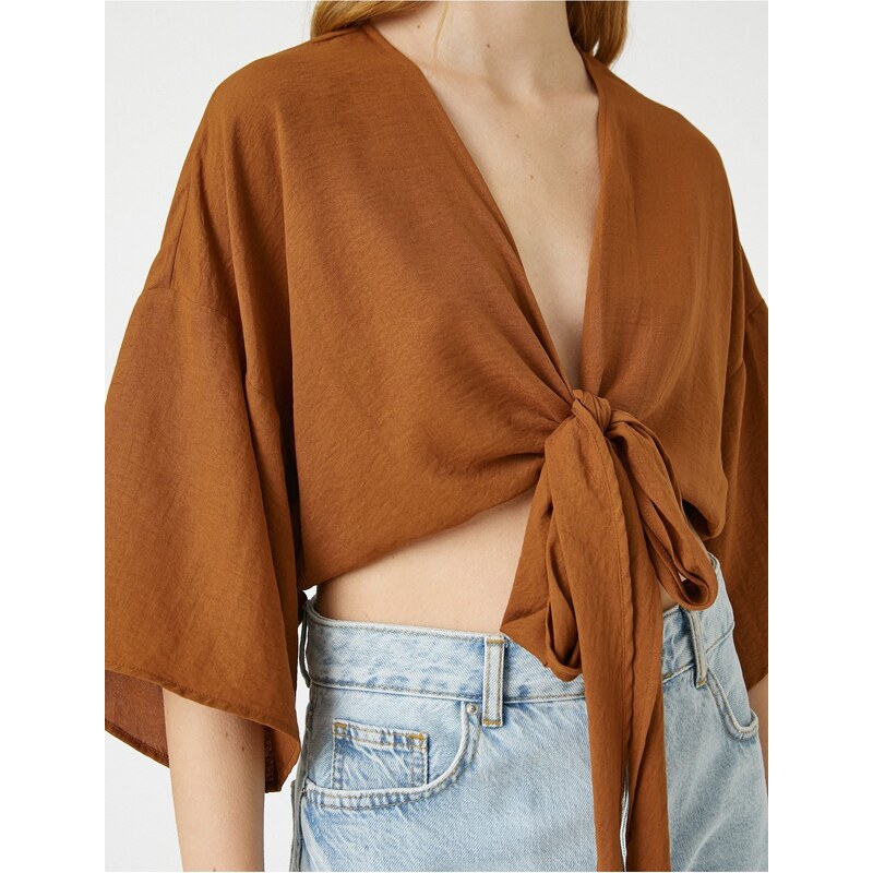 Koton Crop Kimono with Wide Sleeves with Tie Front Detail