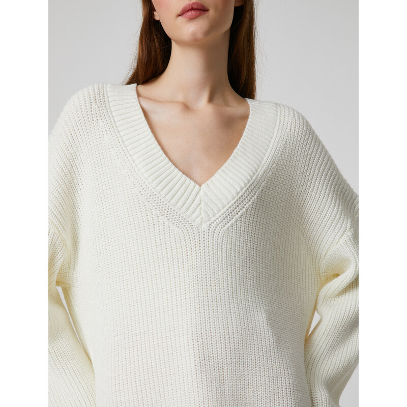 Koton Oversize pletený svetr s výstřihem do V s dlouhým rukávem