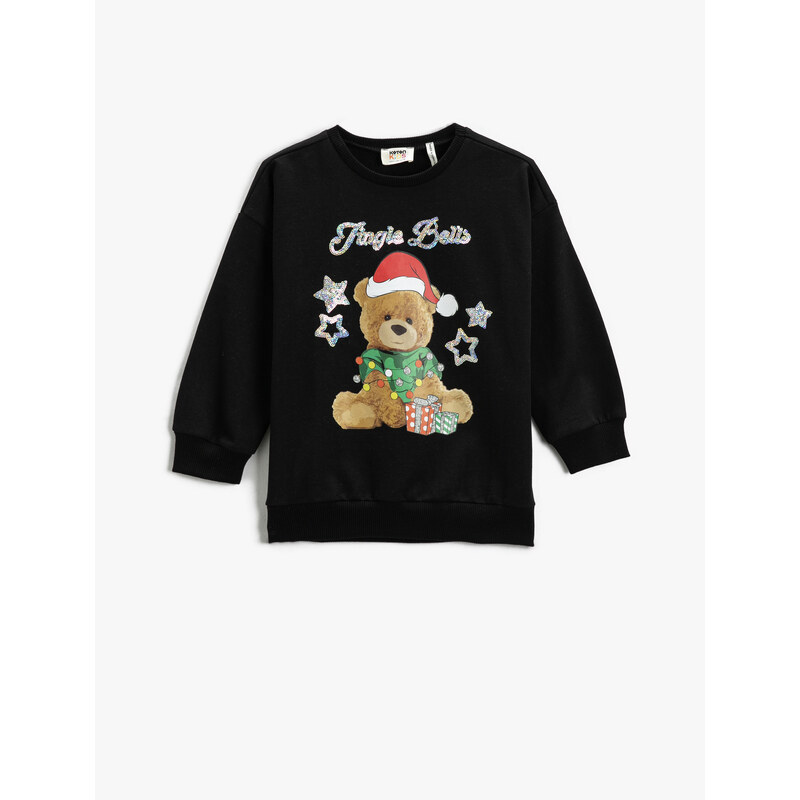 Koton Christmas Theme with Teddy Bear Print Sweatshirt Long Sleeved Sharding