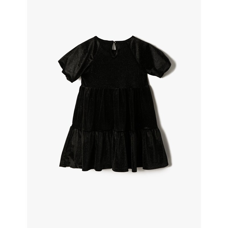 Koton Velvet Silvery Dress Tiered Round Neck Short Balloon Sleeve