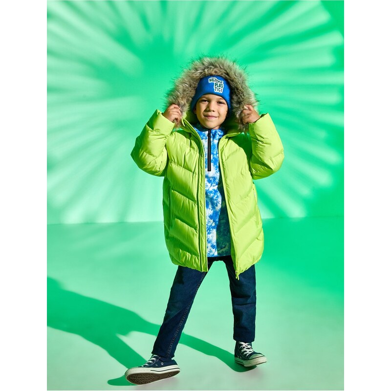 Koton Long Puffer Coat Faux Fur Detail Hooded Zippered Pocket