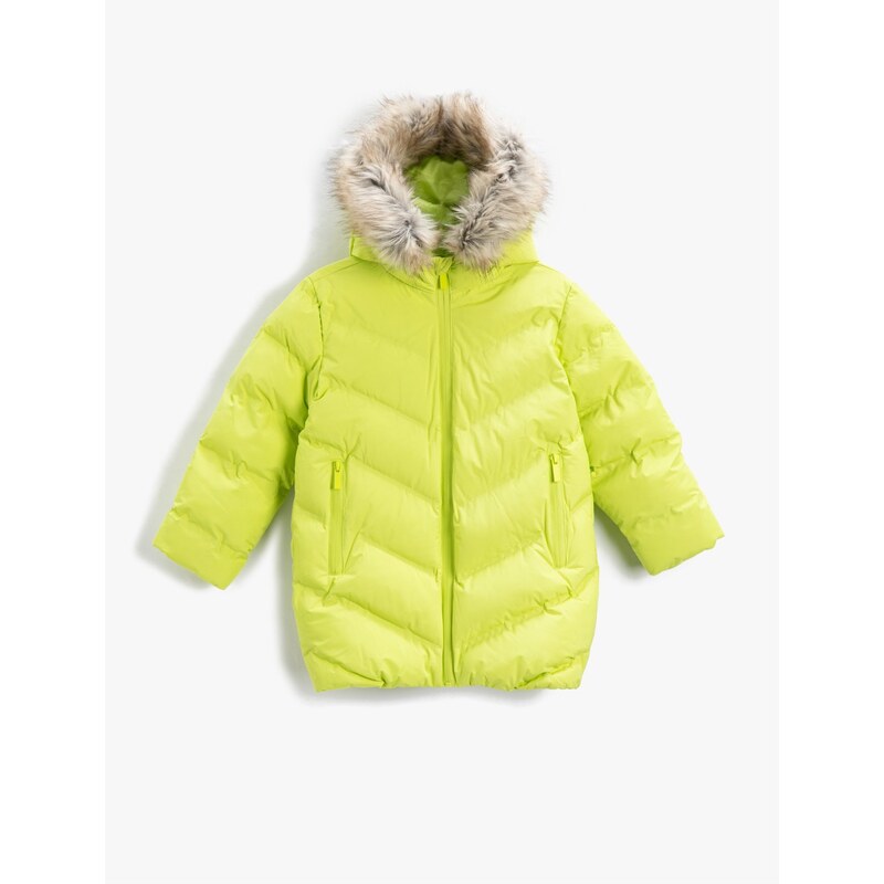 Koton Long Puffer Coat Faux Fur Detail Hooded Zippered Pocket