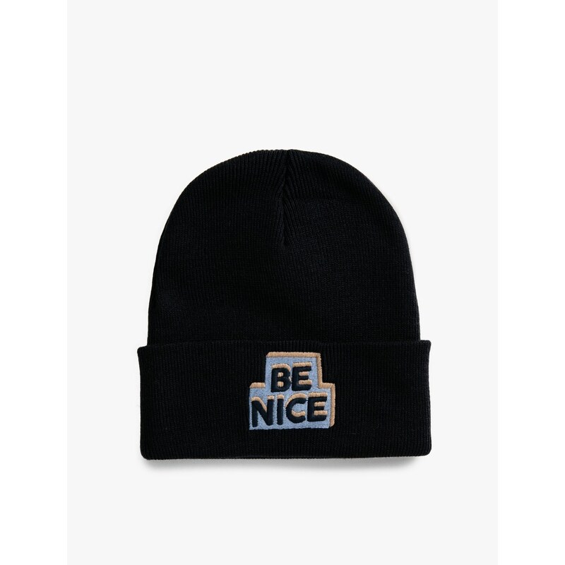 Koton Basic Knit Beanie Hat with Slogan Embroidered Fold Detail.