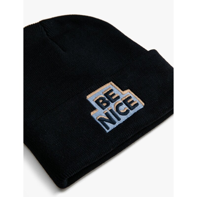 Koton Basic Knit Beanie Hat with Slogan Embroidered Fold Detail.