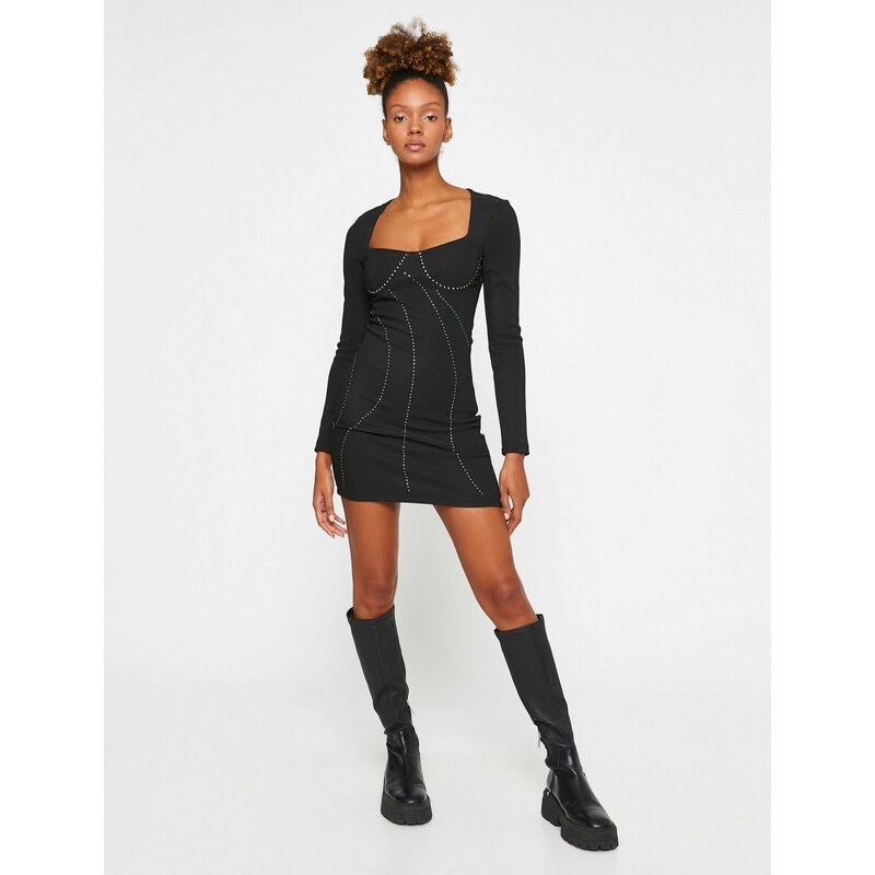 Koton Mini Dress Long Sleeve Square Neck Stony