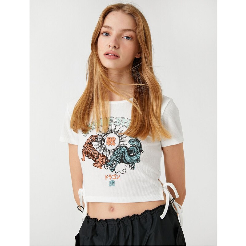Koton Crop T-Shirt with Printed Crew Neck Short Sleeves Tie Detail