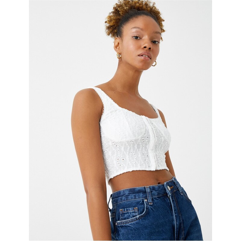 Koton Embroidered Crop Singlets With Straps U-Neck