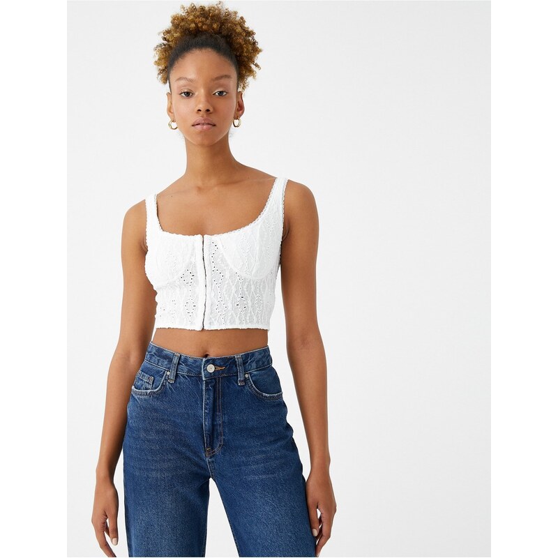 Koton Embroidered Crop Singlets With Straps U-Neck