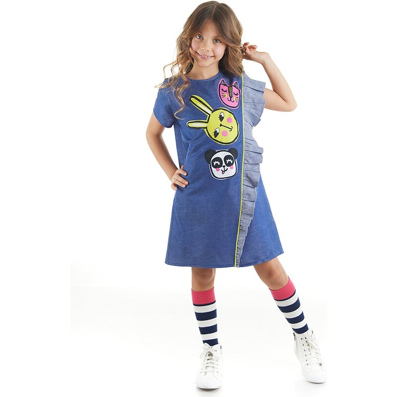 Mushi Three Friends Woven Girls Blue Dress