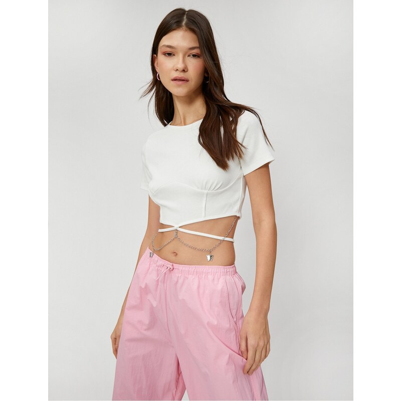 Koton Crop T-Shirt Short Sleeves Butterfly Chain And Bodice Detail.