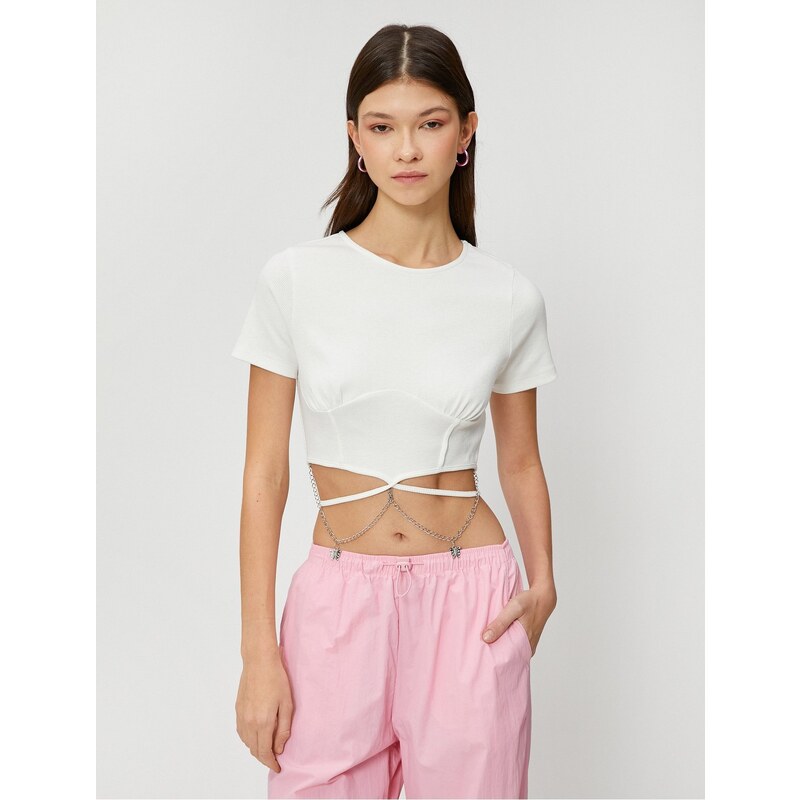 Koton Crop T-Shirt Short Sleeves Butterfly Chain And Bodice Detail.