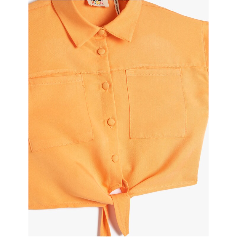 Koton Crop Shirt with Front Tie Detail, Short Sleeves and Pockets Modal Fabric