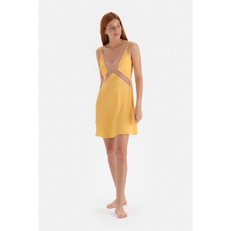 Dagi Yellow Lace Detailed Strappy Viscose Nightgown