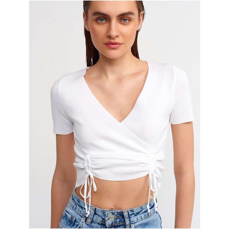 Dilvin 10194 Double-breasted Collar Pleated Front Tricot Crop-ecru.