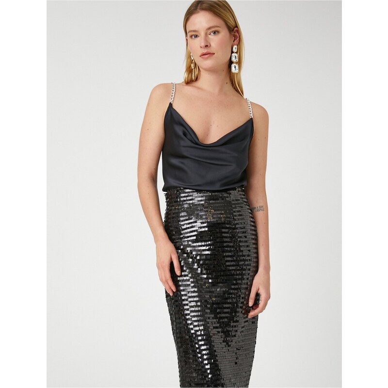Koton Sequined Sequin Midi Evening Dress Skirt with Slit Detail