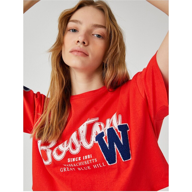 Koton Crop T-Shirt College Printed Short Sleeve Crew Neck