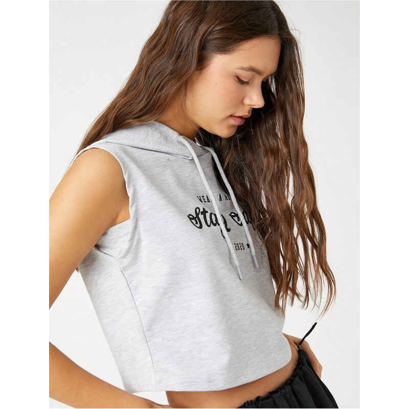 Koton Crop Singlets Hooded Slogan Printed Sleeveless