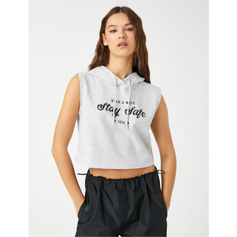 Koton Crop Singlets Hooded Slogan Printed Sleeveless