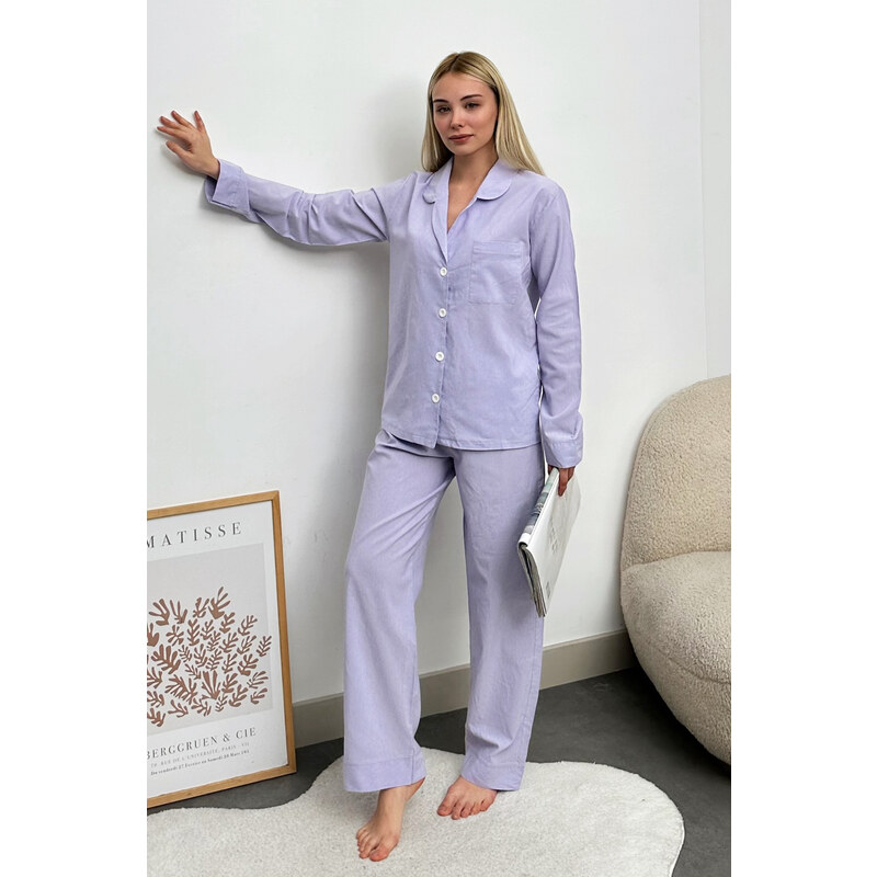 Trend Alaçatı Stili Women's Lilac Single Pocket Woven Pajamas Suit