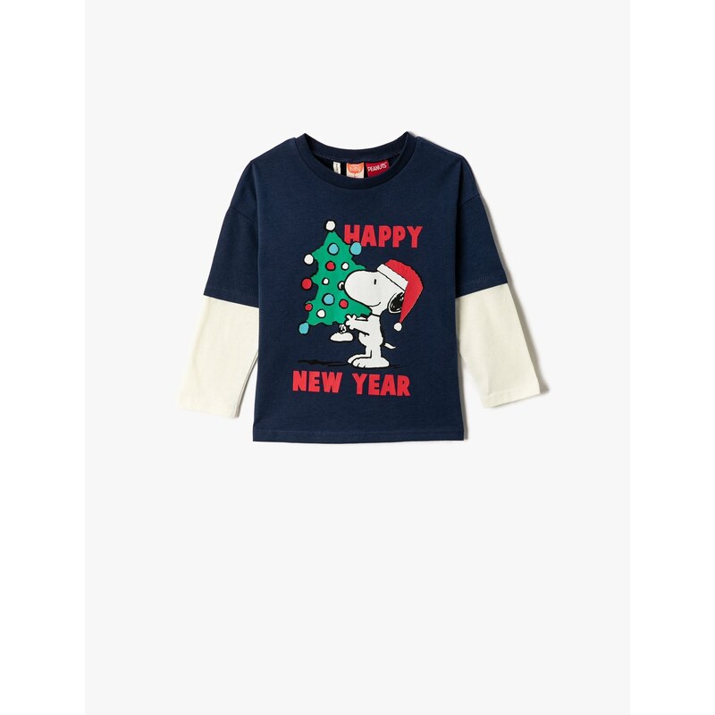 Koton Christmas Theme Snoopy Licensed T-shirt with a Long Sleeves Camouflage Crew Neck.