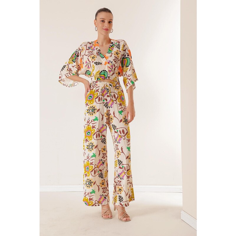 By Saygı Elastic Waist, Pocket Palazzo Pants Front Back V-Neck Crop Floral Double Suit