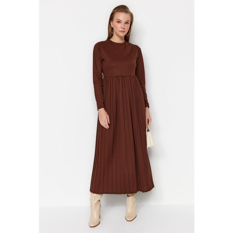 Trendyol Pleated Brown Scuba Knit Dress