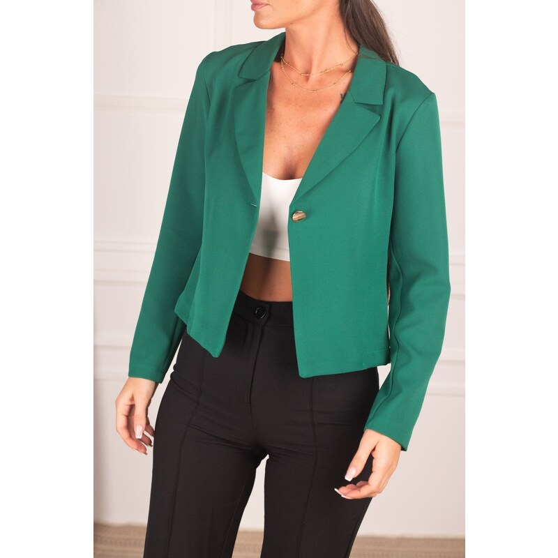 armonika Women's Dark Green Single Button Crop Jacket