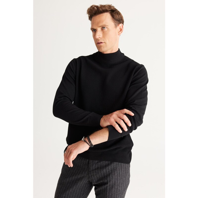 ALTINYILDIZ CLASSICS Men's Black Standard Fit Normal Cut Half Turtleneck Cotton Knitwear Sweater.