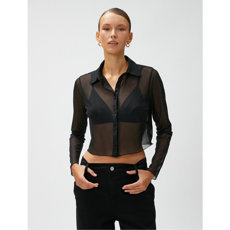 Koton Crop Shirt Glittery Sheer