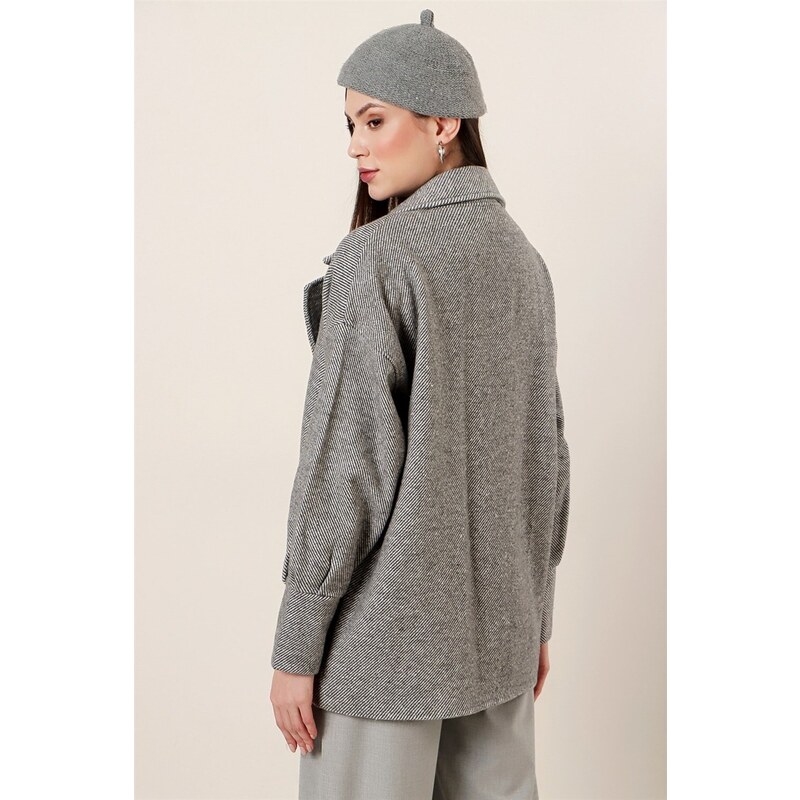 By Saygı Anthracite Oversized Lined Stamp Jacket with Pockets with Cuff Sleeves