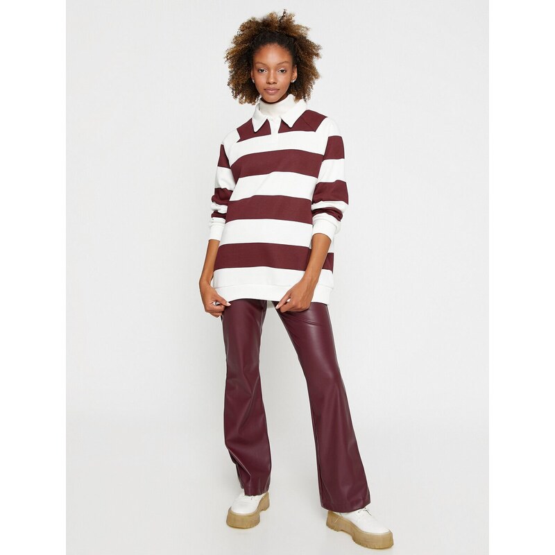 Koton Polo Neck Sweatshirt Oversize Striped Long Sleeve Fleece Inner
