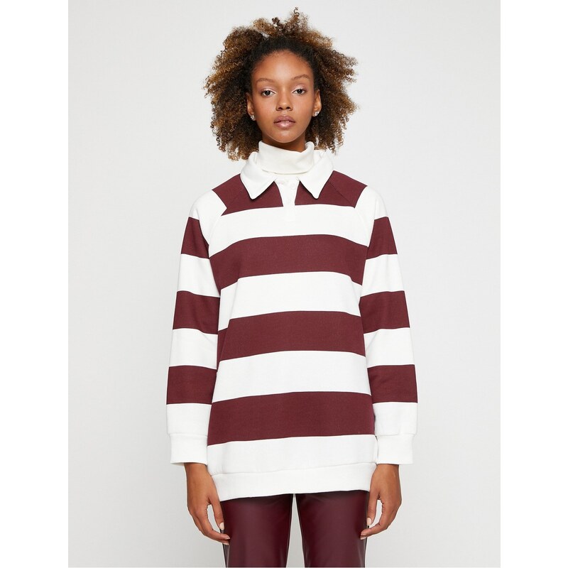 Koton Polo Neck Sweatshirt Oversize Striped Long Sleeve Fleece Inner