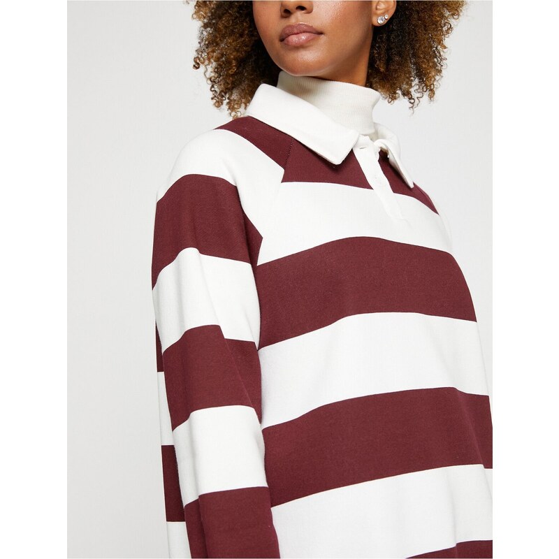 Koton Polo Neck Sweatshirt Oversize Striped Long Sleeve Fleece Inner