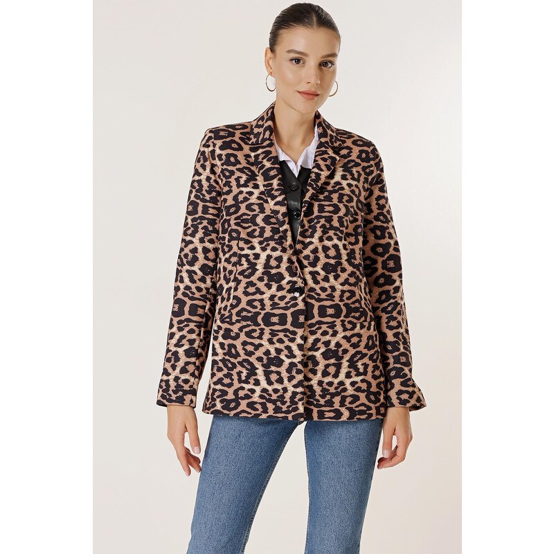 By Saygı One Button Lined Leopard Pattern Comfort Fit Jacket