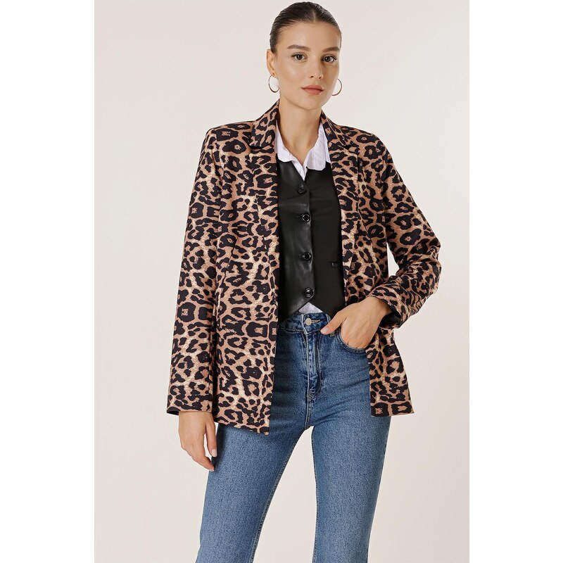 By Saygı One Button Lined Leopard Pattern Comfort Fit Jacket