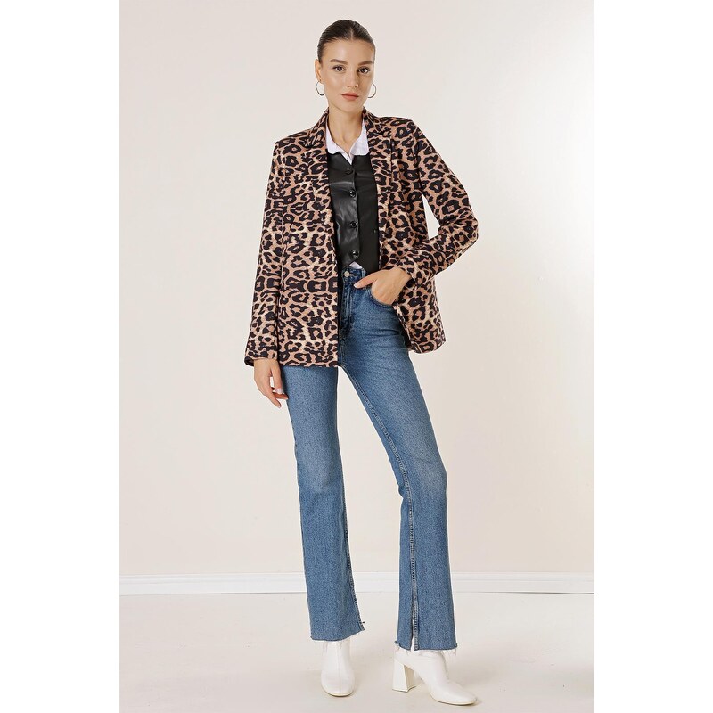 By Saygı One Button Lined Leopard Pattern Comfort Fit Jacket