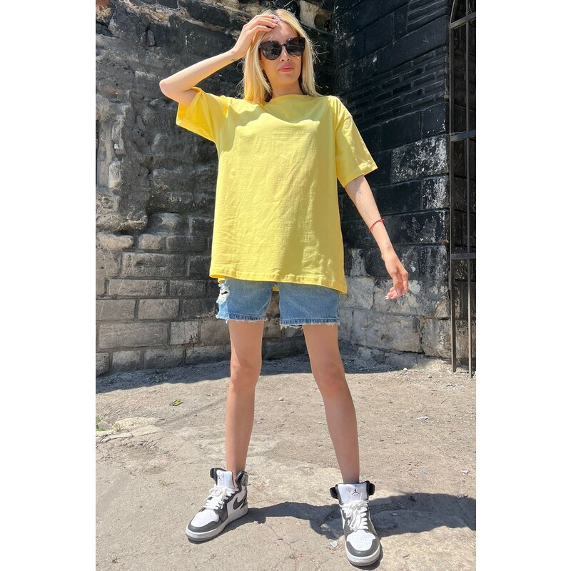 Madmext Women's Yellow Back Printed Oversize Round Neck Women's T-Shirt