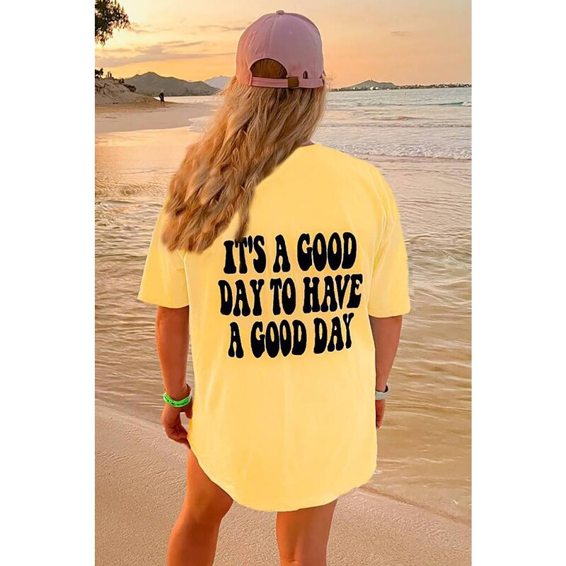 Madmext Women's Yellow Back Printed Oversize Round Neck Women's T-Shirt