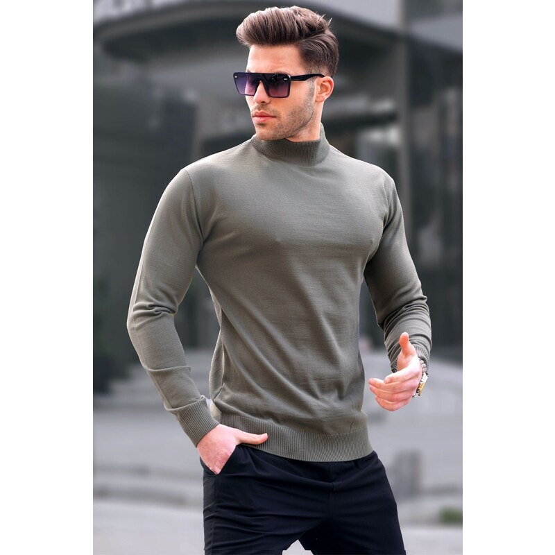 Madmext Almond Green Slim Fit Half Turtleneck Men's Knitwear Sweater 6343